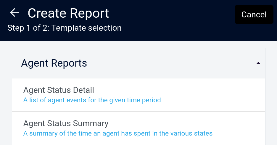 VirtualPBX Advanced Call Reports - Agent Status Detail Report Type Menu