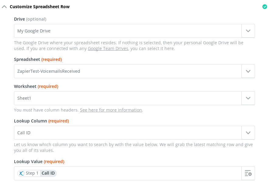 Zapier Tutorial - Voicemail Received to Google Sheets - Select Spreadsheet and Worksheet Zapier Tutorial - Voicemail Received to Google Sheets - Select Spreadsheet and Worksheet